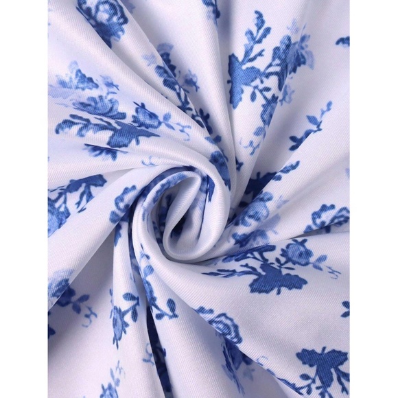 Floral Print Blue on White Long Dress Sheath, Drawstring Ties Maxi Stretchy - Picture 10 of 13